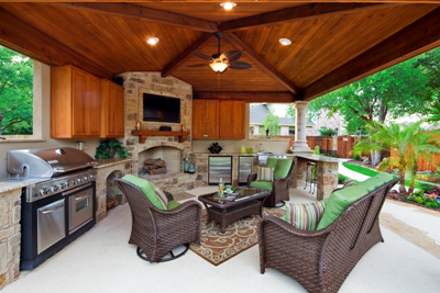 Covered patio with outdoor kitchen, fireplace, and seating area 